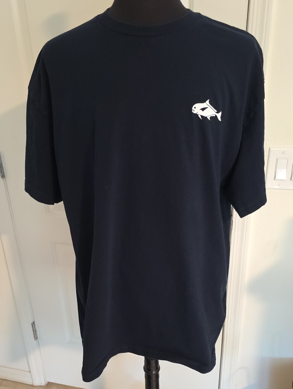 Men's Short Sleeve Navy Tee with White Fish Chest Logo And Full Color Back Logo